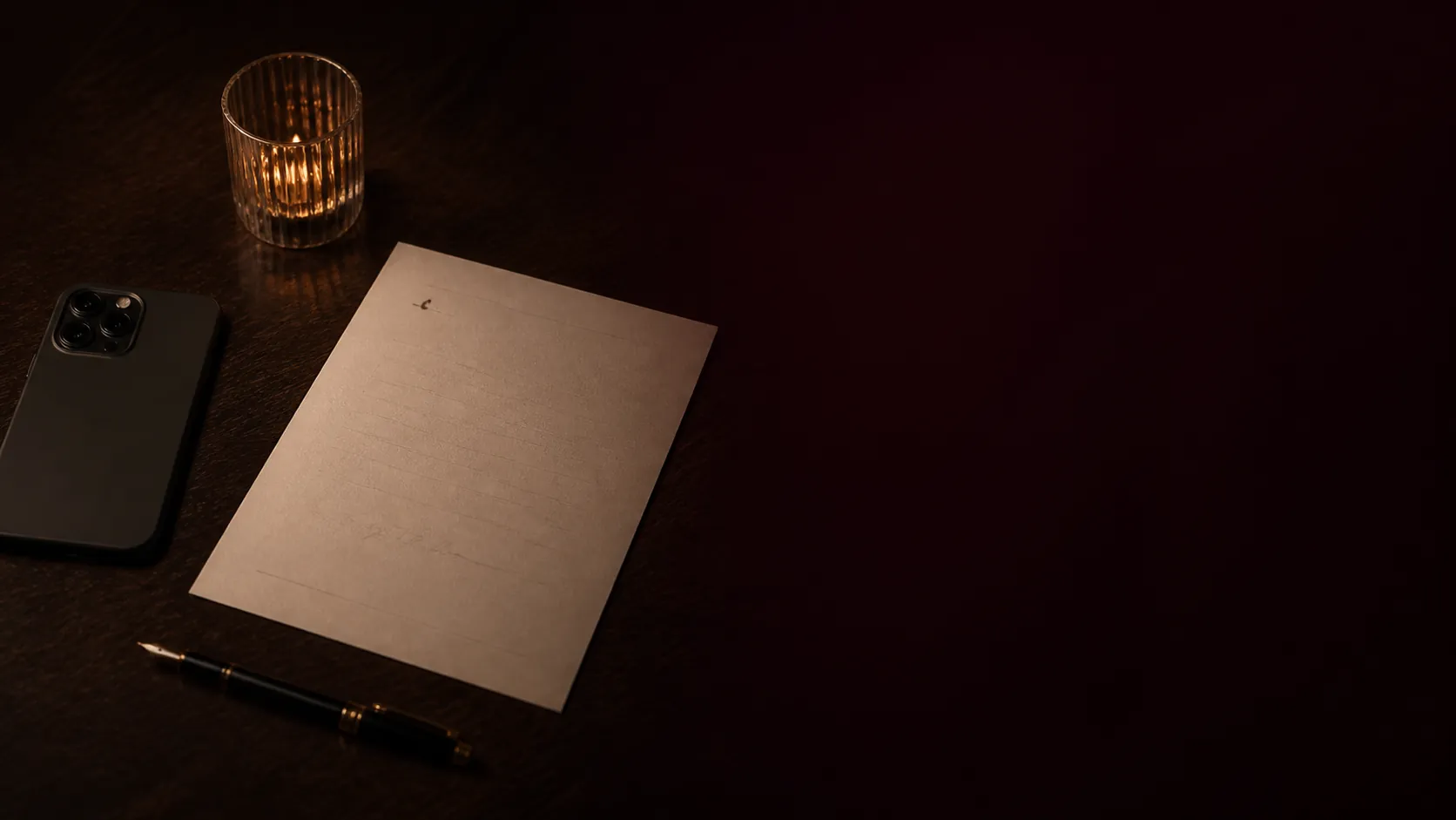 A face-down phone, a paper worksheet, and a fountain pen on a quiet desk after the message was sent.